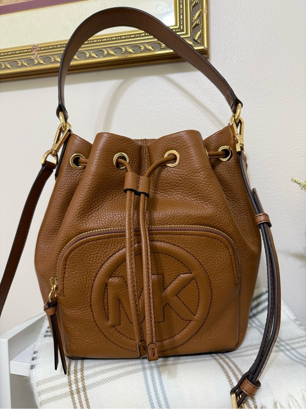 Michael Kors Tan Pebbled Leather Drawstring Bucket Shoulder Bag